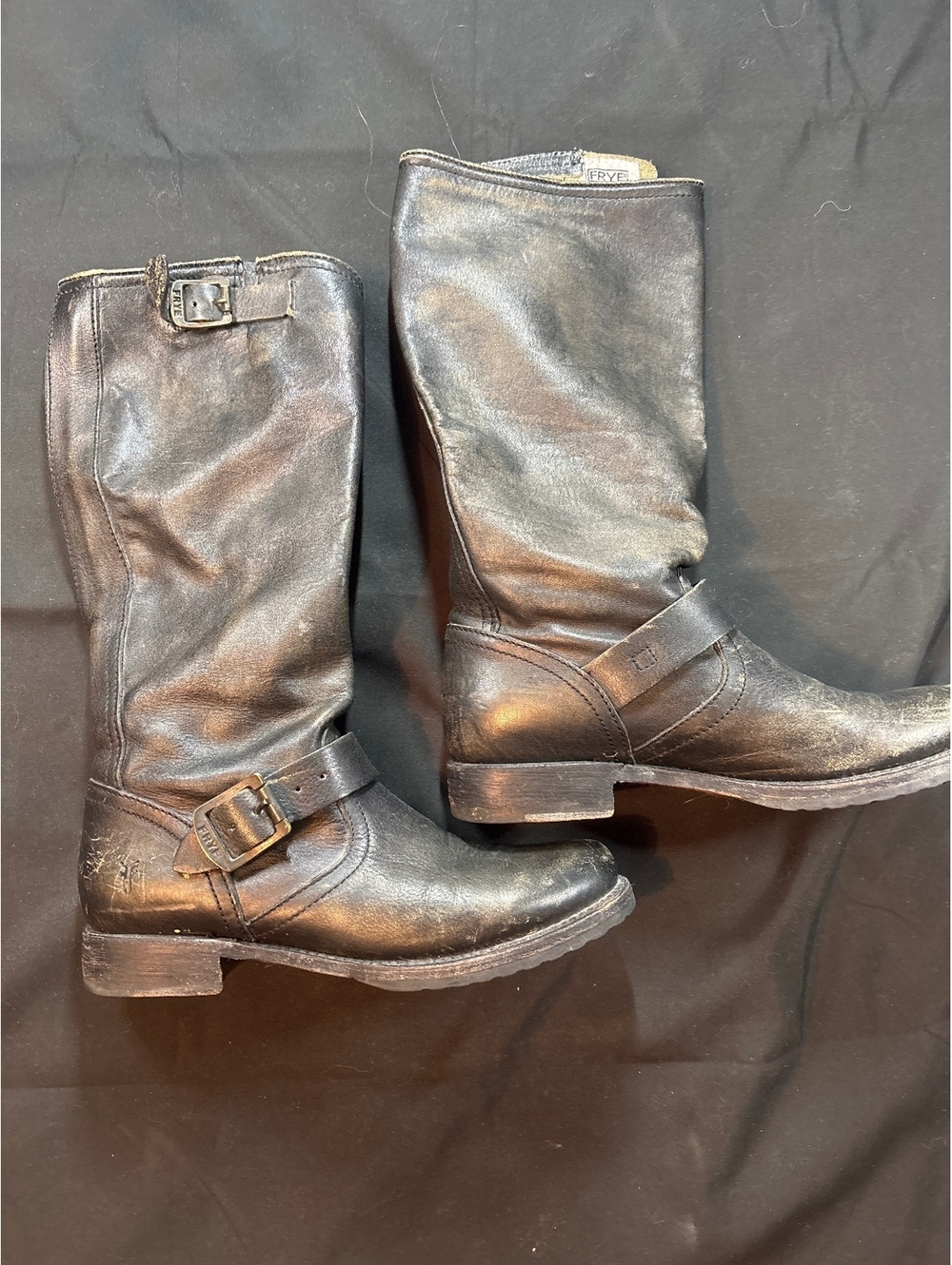 Frye Veronica Tall Slouch Black Leather Moto Boots Distressed Buckle - Picture 2 of 6